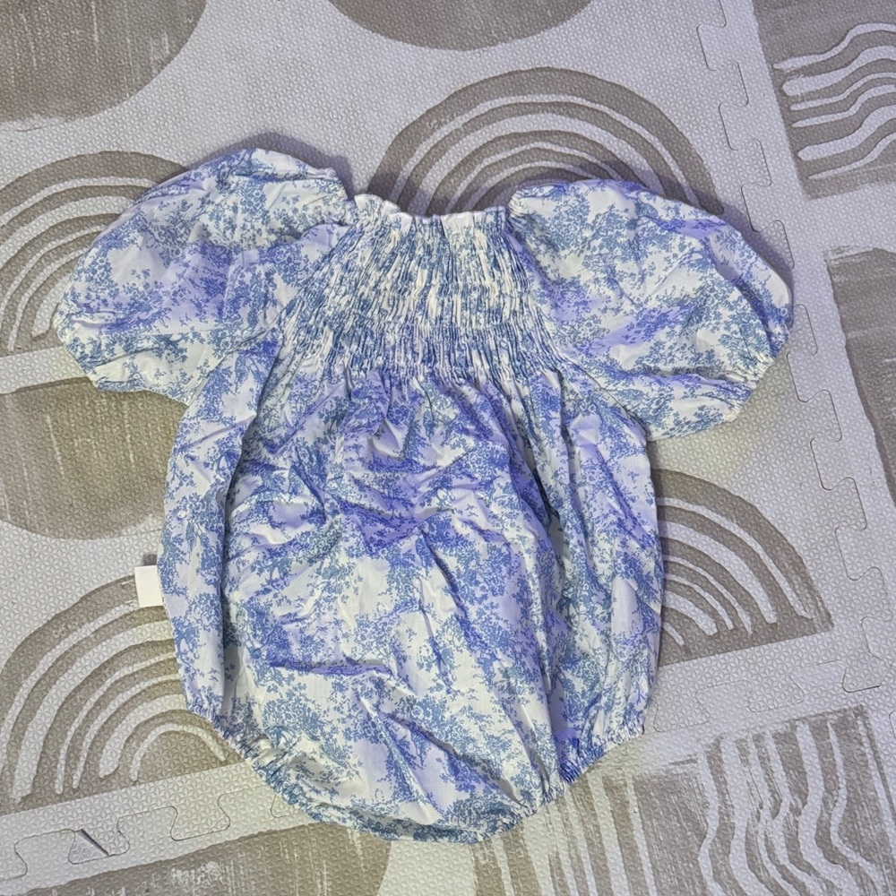 Smocked Puff-Sleeve Baby Romper in Blue Toile